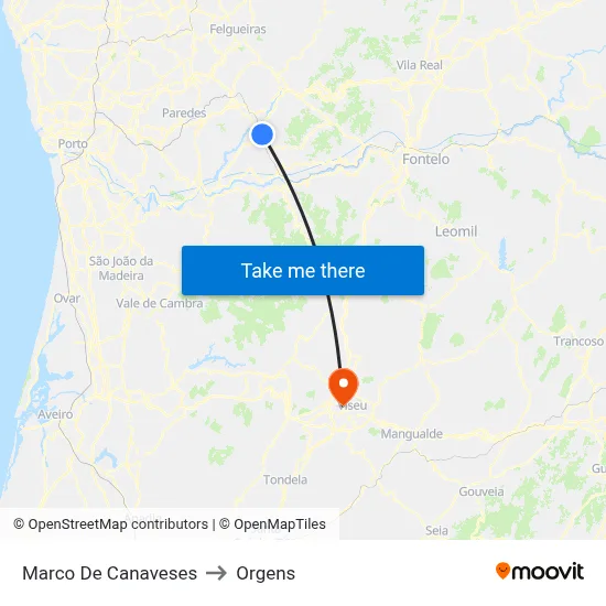 Marco De Canaveses to Orgens map