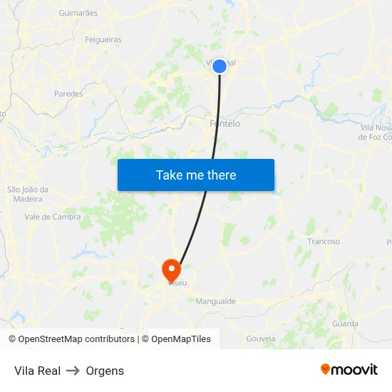 Vila Real to Orgens map
