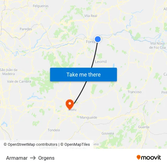 Armamar to Orgens map