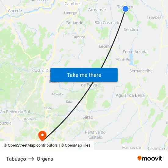 Tabuaço to Orgens map
