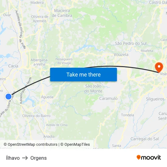 Ílhavo to Orgens map