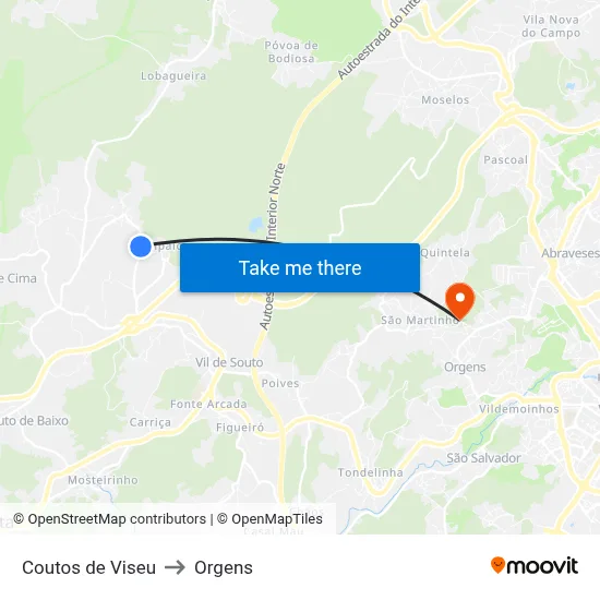 Coutos de Viseu to Orgens map
