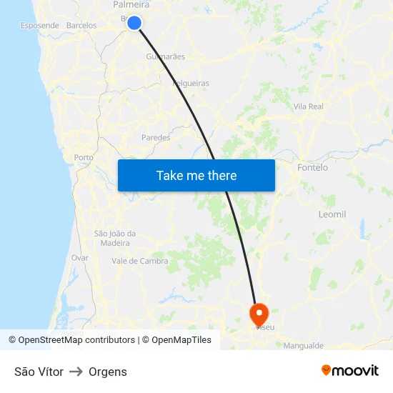 São Vítor to Orgens map
