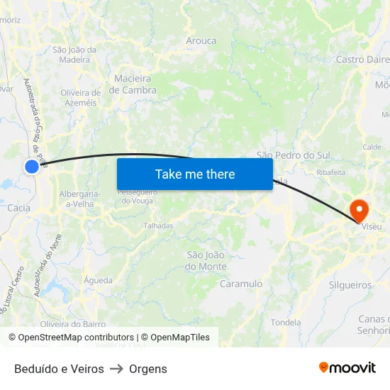 Beduído e Veiros to Orgens map