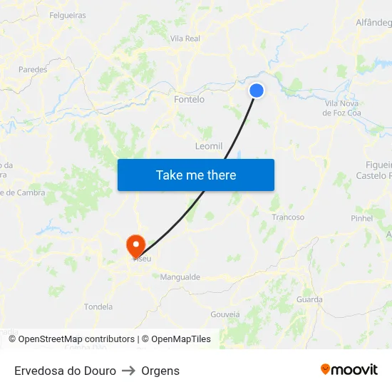 Ervedosa do Douro to Orgens map