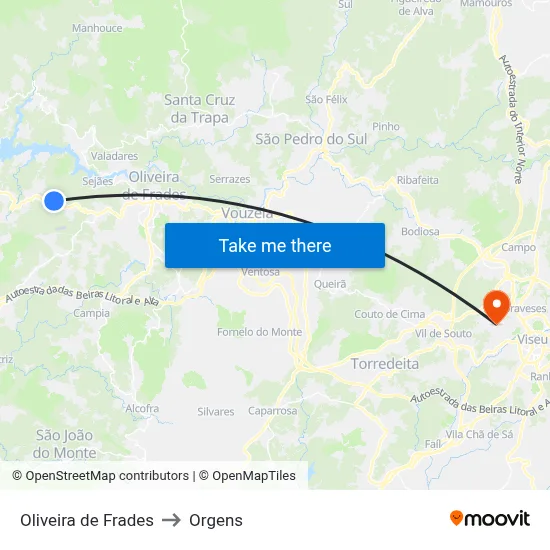 Oliveira de Frades to Orgens map