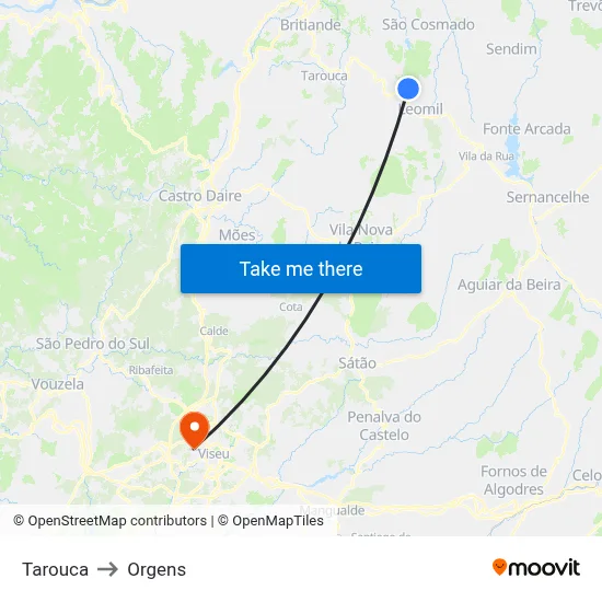 Tarouca to Orgens map
