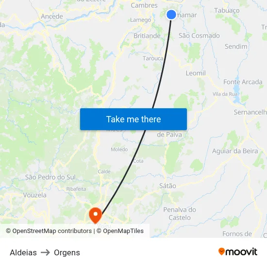 Aldeias to Orgens map