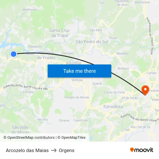 Arcozelo das Maias to Orgens map