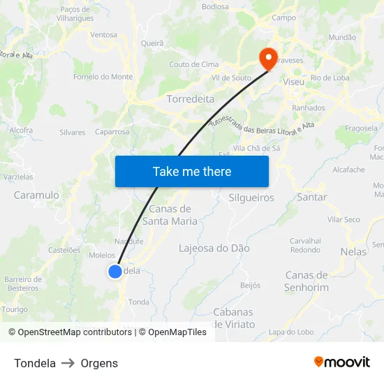 Tondela to Orgens map