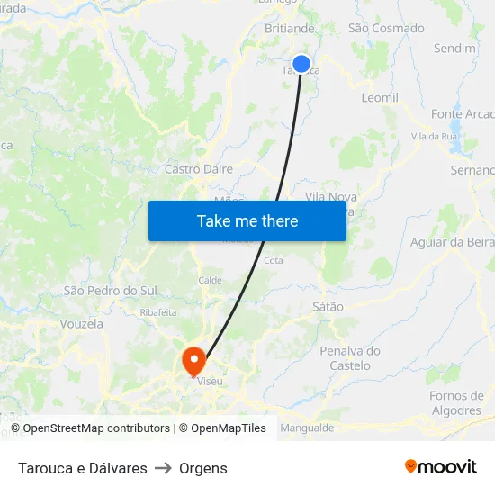 Tarouca e Dálvares to Orgens map