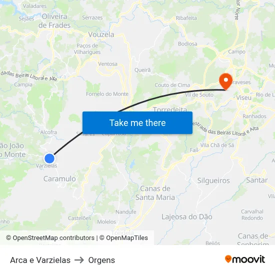 Arca e Varzielas to Orgens map