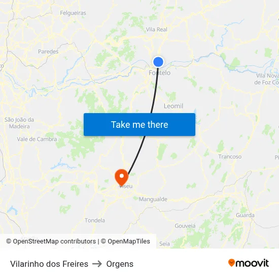 Vilarinho dos Freires to Orgens map