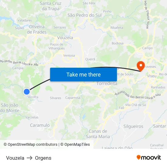 Vouzela to Orgens map
