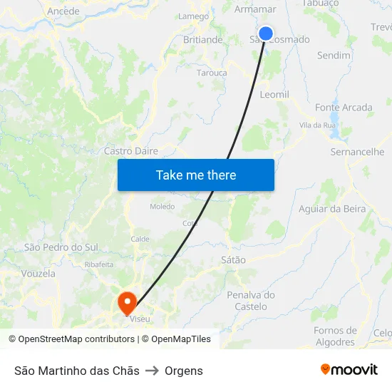 São Martinho das Chãs to Orgens map