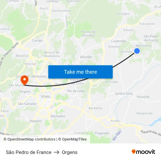 São Pedro de France to Orgens map