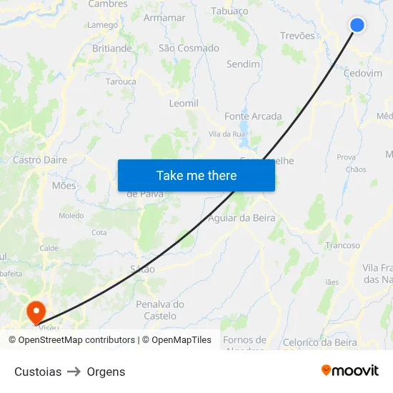 Custoias to Orgens map