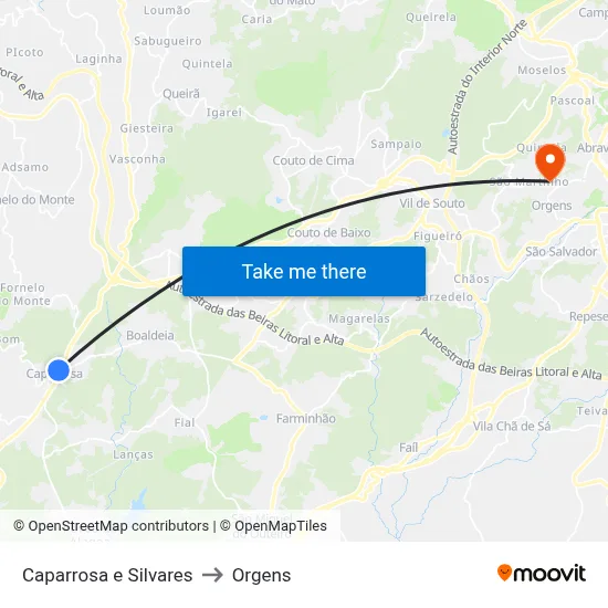 Caparrosa e Silvares to Orgens map