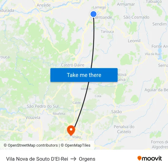 Vila Nova de Souto D'El-Rei to Orgens map