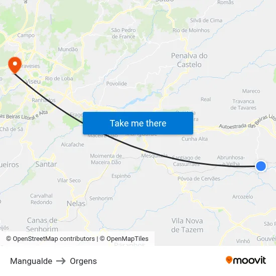 Mangualde to Orgens map
