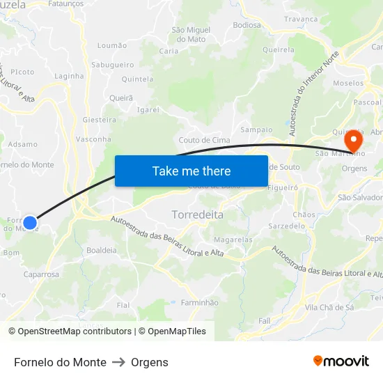 Fornelo do Monte to Orgens map