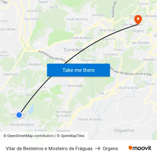 Vilar de Besteiros e Mosteiro de Fráguas to Orgens map