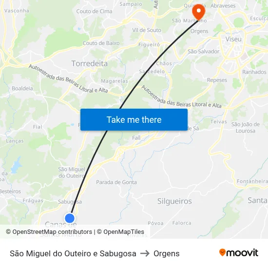 São Miguel do Outeiro e Sabugosa to Orgens map