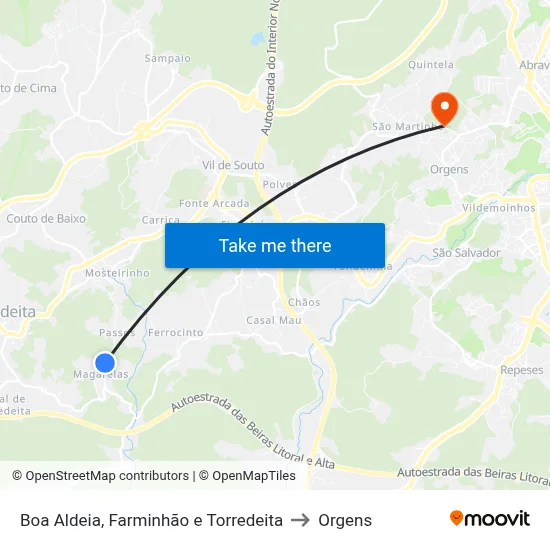 Boa Aldeia, Farminhão e Torredeita to Orgens map