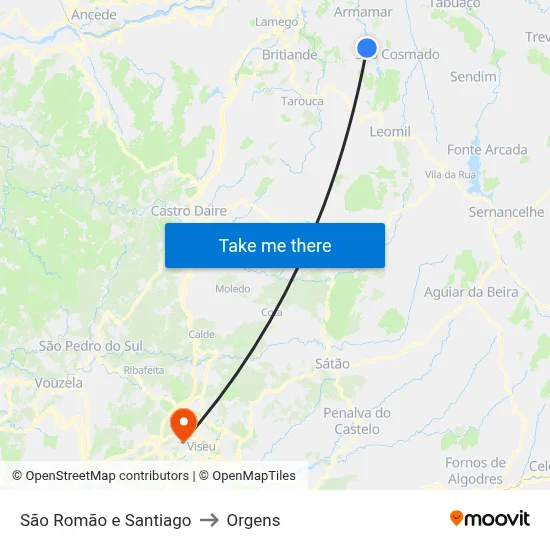 São Romão e Santiago to Orgens map