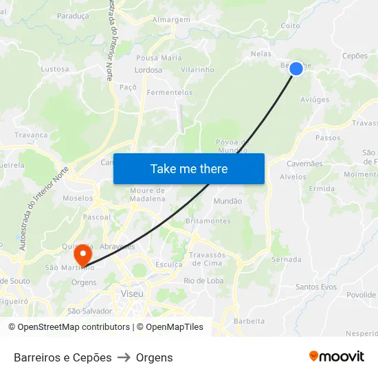 Barreiros e Cepões to Orgens map
