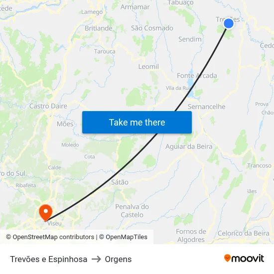 Trevões e Espinhosa to Orgens map