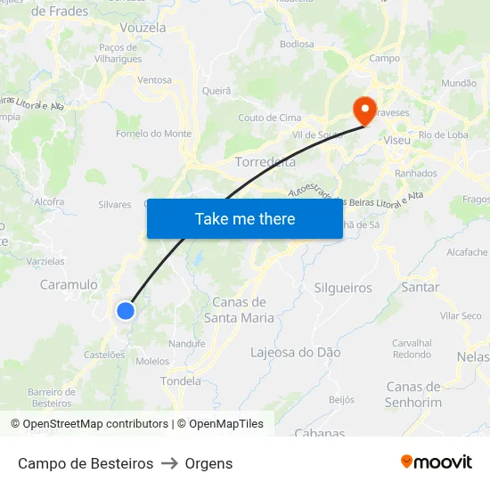 Campo de Besteiros to Orgens map