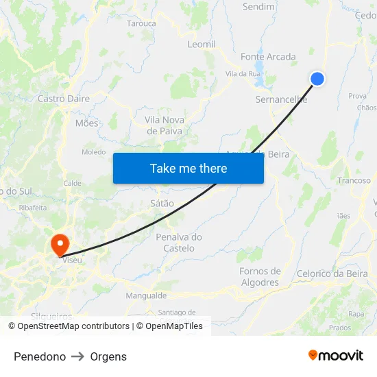 Penedono to Orgens map