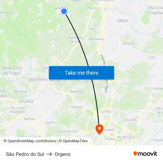 São Pedro do Sul to Orgens map