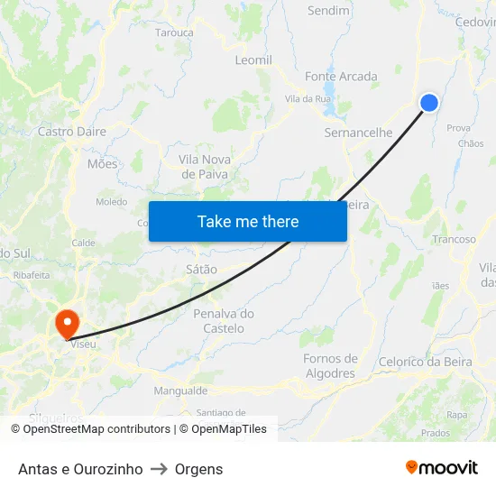 Antas e Ourozinho to Orgens map