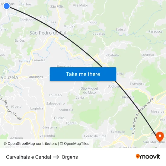 Carvalhais e Candal to Orgens map