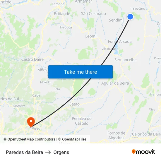 Paredes da Beira to Orgens map