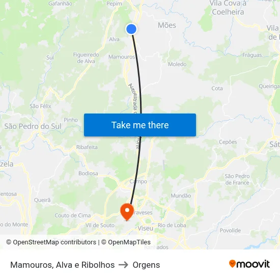 Mamouros, Alva e Ribolhos to Orgens map