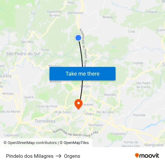 Pindelo dos Milagres to Orgens map
