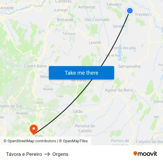Távora e Pereiro to Orgens map