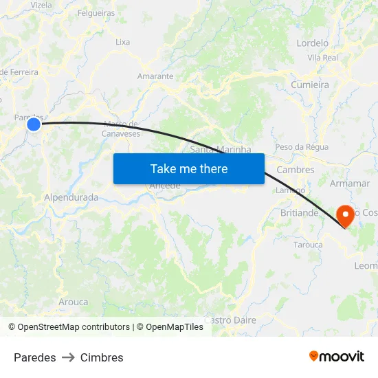 Paredes to Cimbres map