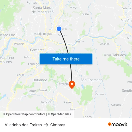 Vilarinho dos Freires to Cimbres map