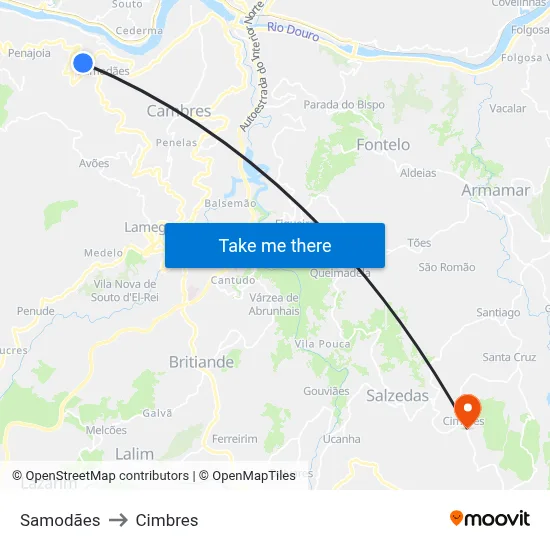 Samodães to Cimbres map