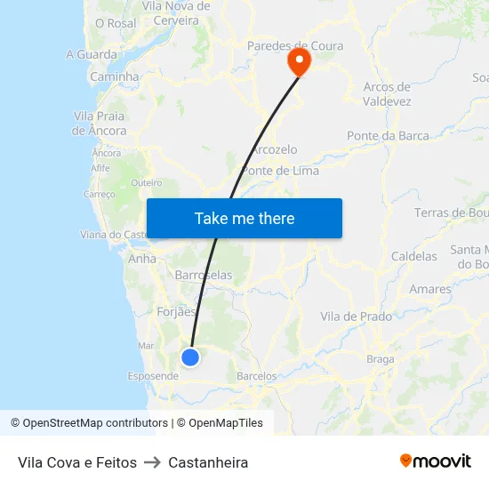 Vila Cova e Feitos to Castanheira map