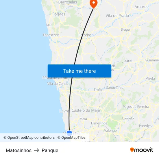 Matosinhos to Panque map