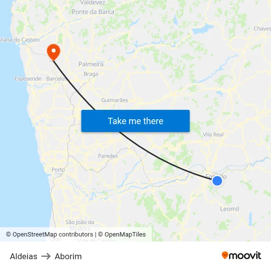 Aldeias to Aborim map