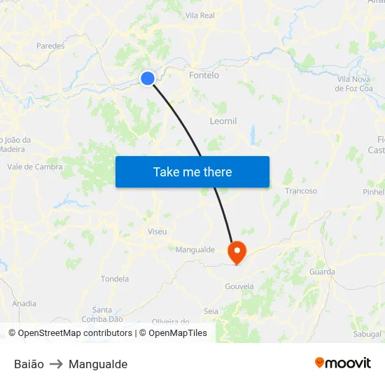 Baião to Mangualde map