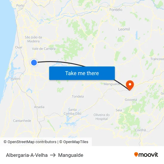 Albergaria-A-Velha to Mangualde map