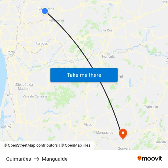 Guimarães to Mangualde map