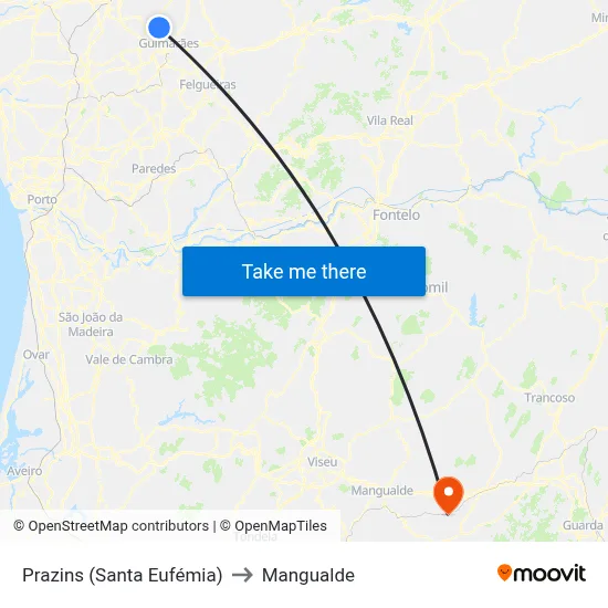 Prazins (Santa Eufémia) to Mangualde map